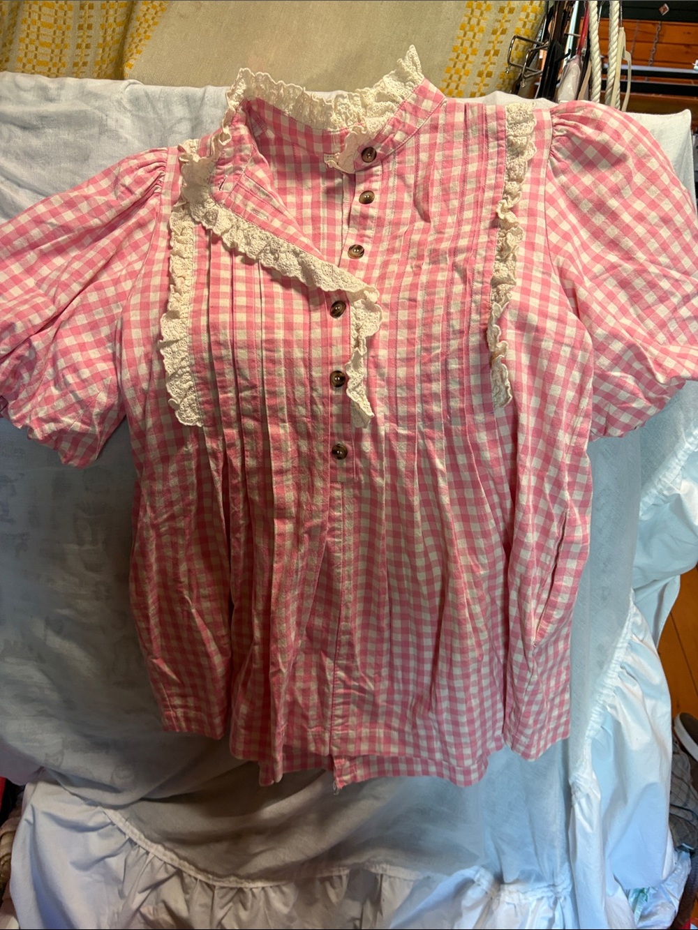 Pink Gingham Lace-Trim Women’s' Tunic With Pockets